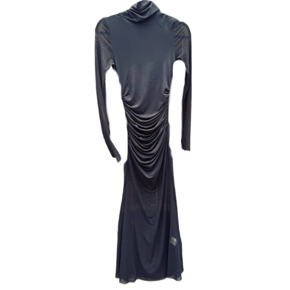 Commense Black Ruched Turtleneck Long Sleeve Bodycon Dress
